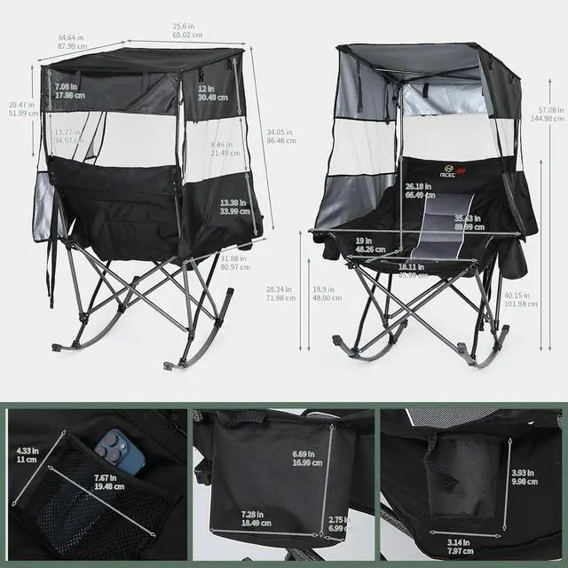 Alt view image 2 of 7 - Heated Rocking Camping Chair with Canopy, XL Oversized Folding Rocker with Battery, Outdoor Umbrella Chairs with Shade, with Cup Holder, Cooler Bag, for Sports, Patio, Backyard (2 Pack)