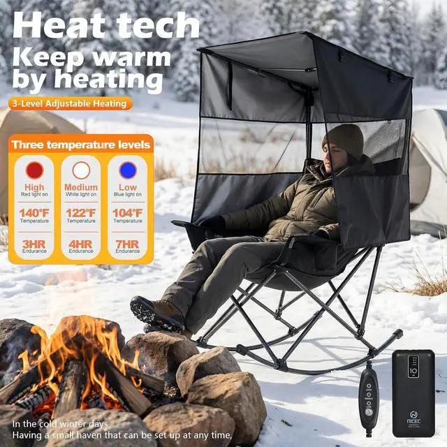 Alt view image 3 of 7 - Heated Rocking Camping Chair with Canopy, XL Oversized Folding Rocker with Battery, Outdoor Umbrella Chairs with Shade, with Cup Holder, Cooler Bag, for Sports, Patio, Backyard (2 Pack)