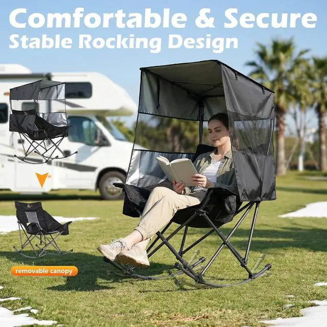 Alt view image 6 of 7 - Heated Rocking Camping Chair with Canopy, XL Oversized Folding Rocker with Battery, Outdoor Umbrella Chairs with Shade, with Cup Holder, Cooler Bag, for Sports, Patio, Backyard (2 Pack)