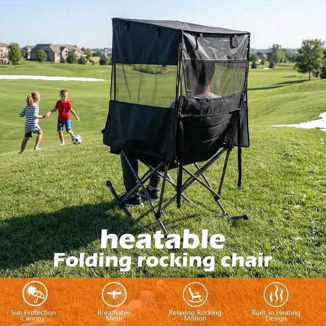 Alt view image 5 of 7 - Heated Rocking Camping Chair with Canopy, XL Oversized Folding Rocker with Battery, Outdoor Umbrella Chairs with Shade, with Cup Holder, Cooler Bag, for Sports, Patio, Backyard (2 Pack)
