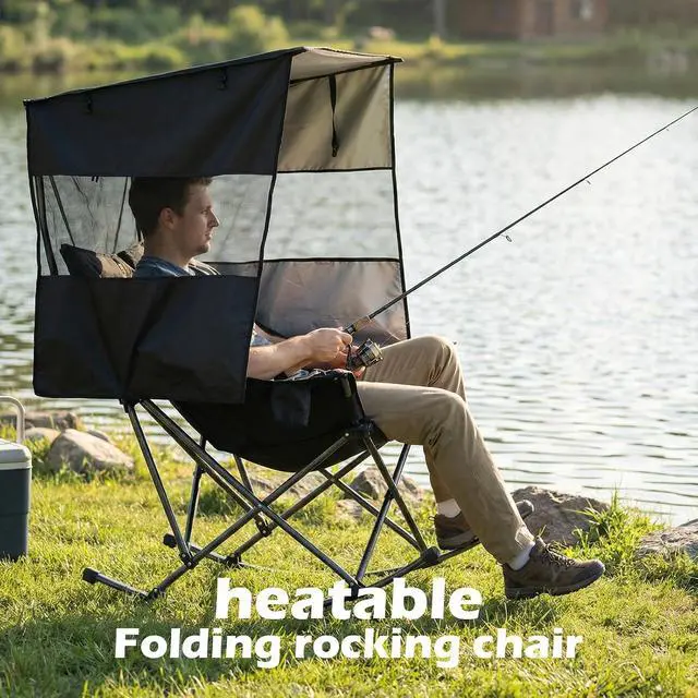 Alt view image 7 of 7 - Heated Rocking Camping Chair with Canopy, XL Oversized Folding Rocker with Battery, Outdoor Umbrella Chairs with Shade, with Cup Holder, Cooler Bag, for Sports, Patio, Backyard (2 Pack)
