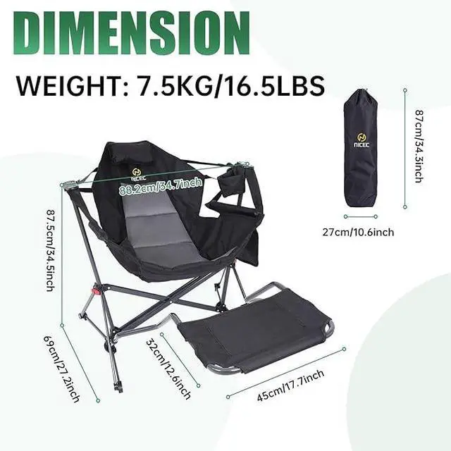 Alt view image 3 of 7 - Hammock Camping Chair, Camping Chair Rocker, Swinging Chair, High Back with Stand, Cup Holder, Side Pocket, Heavy Duty (2, Black w/footrest)