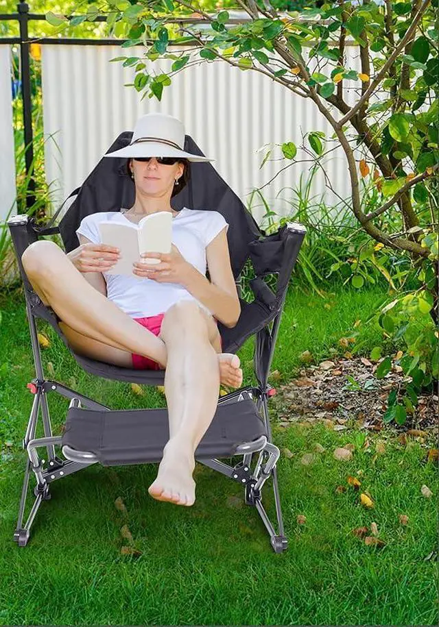 Alt view image 6 of 7 - Hammock Camping Chair, Camping Chair Rocker, Swinging Chair, High Back with Stand, Cup Holder, Side Pocket, Heavy Duty (2, Black w/footrest)