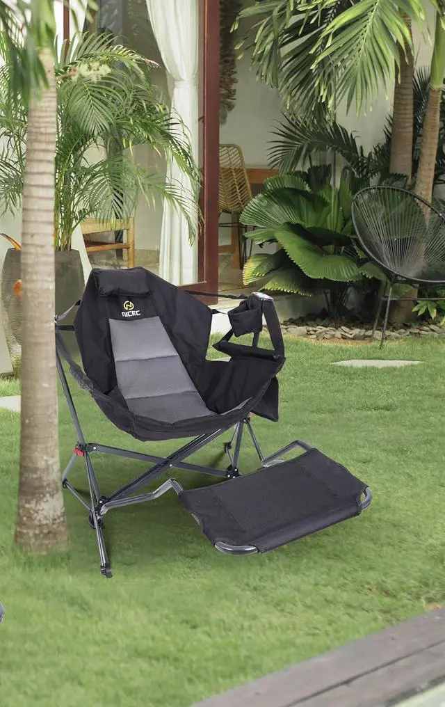 Alt view image 7 of 7 - Hammock Camping Chair, Camping Chair Rocker, Swinging Chair, High Back with Stand, Cup Holder, Side Pocket, Heavy Duty (2, Black w/footrest)
