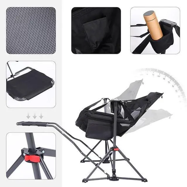 Alt view image 4 of 7 - Hammock Camping Chair, Camping Chair Rocker, Swinging Chair, High Back with Stand, Cup Holder, Side Pocket, Heavy Duty (2, Black w/footrest)