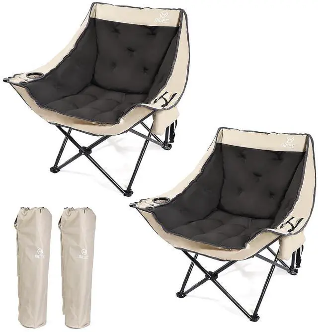 Main image of XL Outdoor Padded Camping Chair, Oversized Thick Padded Folding Portable Sports Chairs, Heavy Duty, with Cooler Bag, Cup Holder, Side Pockets, Carry Bag (2 Pack)