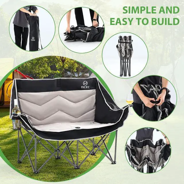 Alt view image 7 of 7 - Loveseat Camping Chair, Double Camping Chair, Outdoor Camping Couch, Oversized Folding Bench, Padded Folding Chair for Adults, with Cooler Bag, Wine Glass Holder (Black&Grey)