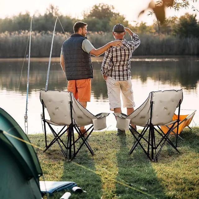 Alt view image 2 of 7 - XL Outdoor Padded Camping Chair, Oversized Thick Padded Folding Portable Sports Chairs, Heavy Duty, with Cooler Bag, Cup Holder, Side Pockets, Carry Bag (2 Pack)