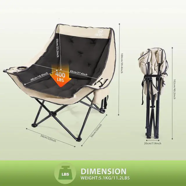 Alt view image 3 of 7 - XL Outdoor Padded Camping Chair, Oversized Thick Padded Folding Portable Sports Chairs, Heavy Duty, with Cooler Bag, Cup Holder, Side Pockets, Carry Bag (2 Pack)