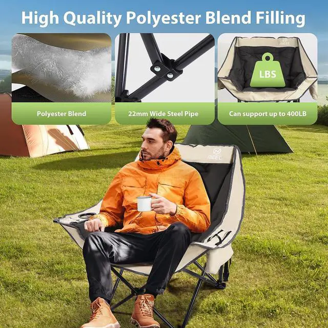 Alt view image 4 of 7 - XL Outdoor Padded Camping Chair, Oversized Thick Padded Folding Portable Sports Chairs, Heavy Duty, with Cooler Bag, Cup Holder, Side Pockets, Carry Bag (2 Pack)