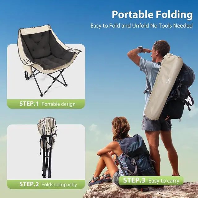 Alt view image 6 of 7 - XL Outdoor Padded Camping Chair, Oversized Thick Padded Folding Portable Sports Chairs, Heavy Duty, with Cooler Bag, Cup Holder, Side Pockets, Carry Bag (2 Pack)