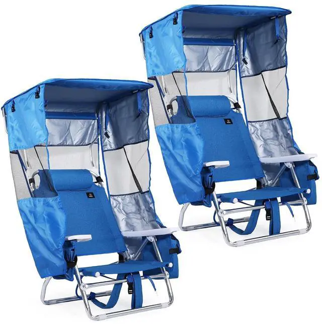Main image of Backpack Beach Chair with Canopy, 5-Position Reclining Portable Folding Beach Chair, with Headrest, Cooler Pocket, Cup Holder, Lightweight Beach Lounge Chair for Fishing, Travel (Blue, 2 Pack)