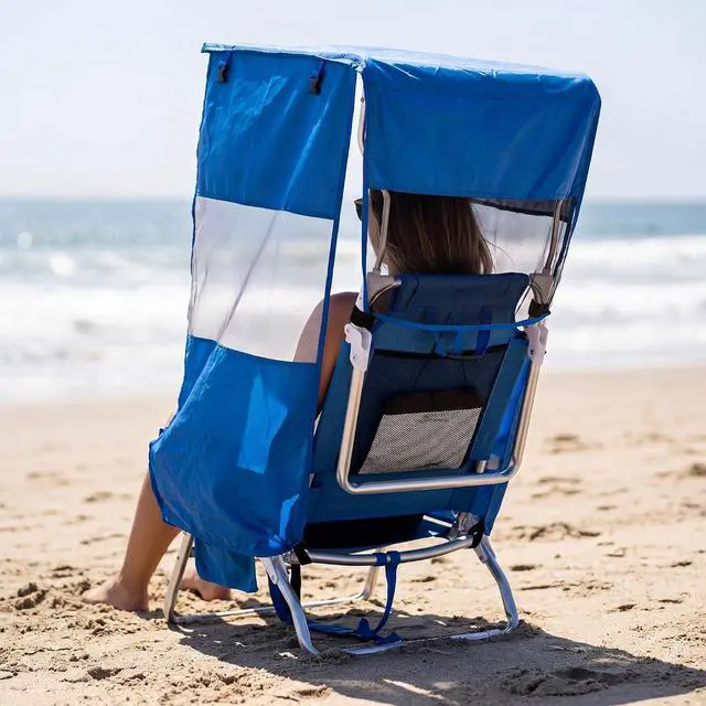 Alt view image 2 of 7 - Backpack Beach Chair with Canopy, 5-Position Reclining Portable Folding Beach Chair, with Headrest, Cooler Pocket, Cup Holder, Lightweight Beach Lounge Chair for Fishing, Travel (Blue, 2 Pack)