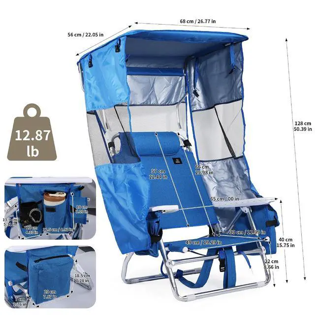 Alt view image 3 of 7 - Backpack Beach Chair with Canopy, 5-Position Reclining Portable Folding Beach Chair, with Headrest, Cooler Pocket, Cup Holder, Lightweight Beach Lounge Chair for Fishing, Travel (Blue, 2 Pack)