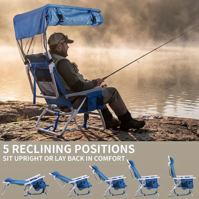 Alt view image 6 of 7 - Backpack Beach Chair with Canopy, 5-Position Reclining Portable Folding Beach Chair, with Headrest, Cooler Pocket, Cup Holder, Lightweight Beach Lounge Chair for Fishing, Travel (Blue, 2 Pack)
