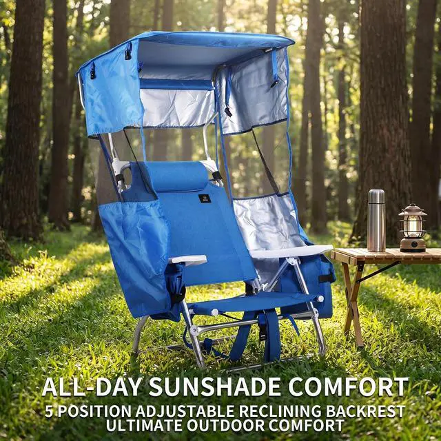 Alt view image 5 of 7 - Backpack Beach Chair with Canopy, 5-Position Reclining Portable Folding Beach Chair, with Headrest, Cooler Pocket, Cup Holder, Lightweight Beach Lounge Chair for Fishing, Travel (Blue, 2 Pack)