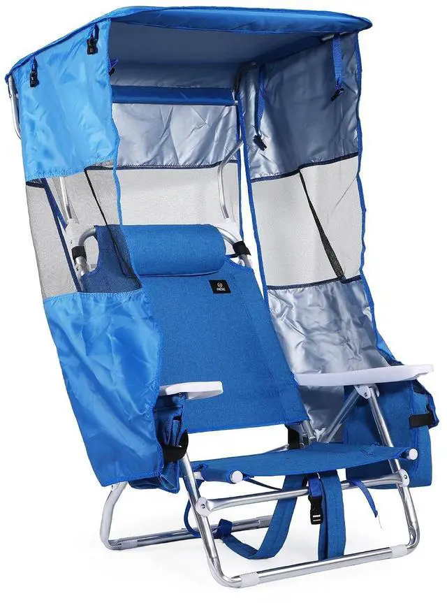 Main image of Backpack Beach Chair with Canopy, 5-Position Reclining Portable Folding Beach Chair, with Headrest, Cooler Pocket, Cup Holder, Lightweight Beach Lounge Chair for Fishing, Travel (Blue, 1 Pack)