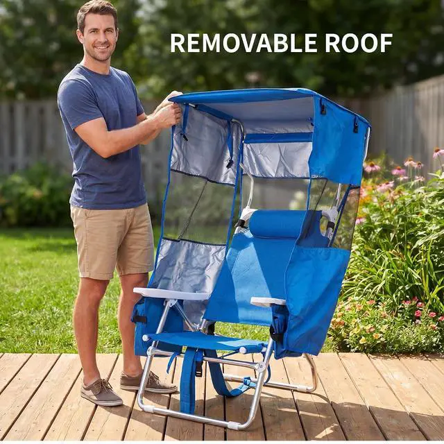 Alt view image 7 of 7 - Backpack Beach Chair with Canopy, 5-Position Reclining Portable Folding Beach Chair, with Headrest, Cooler Pocket, Cup Holder, Lightweight Beach Lounge Chair for Fishing, Travel (Blue, 2 Pack)