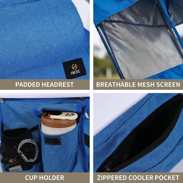 Alt view image 4 of 7 - Backpack Beach Chair with Canopy, 5-Position Reclining Portable Folding Beach Chair, with Headrest, Cooler Pocket, Cup Holder, Lightweight Beach Lounge Chair for Fishing, Travel (Blue, 2 Pack)