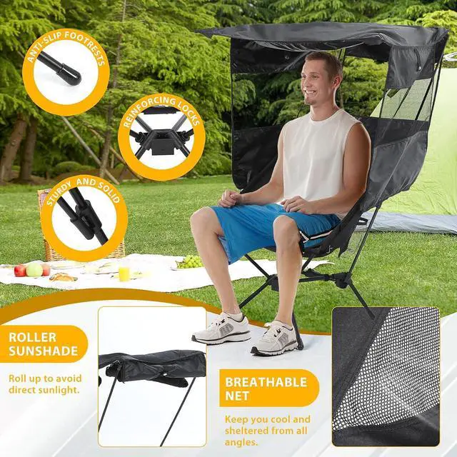 Alt view image 4 of 7 - Camping Chair with Canopy, Compact Chair with Shade, Ultralight Umbrella Fishing Chairs, Portable Backpack Chairs, Lightweight, Travel, Picnic, Festival, Hiking, Sports (1 Pack, Black)