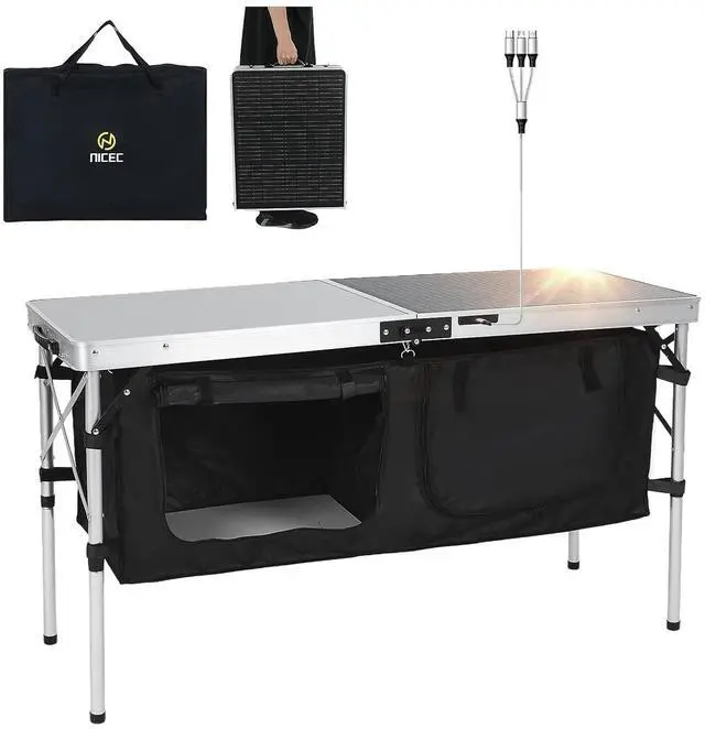 Alt view image 3 of 7 - Camping Kitchen Table with Light Poles, Storage, Side Bag, Side Hooks Camping Table, Storage Camping Table with Solar Panels, Folding Tables, 45W Output, w/USB