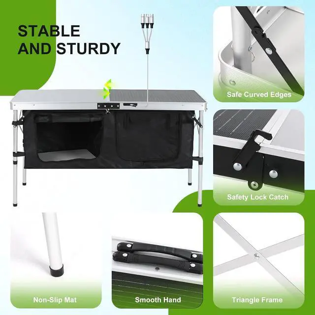 Alt view image 5 of 7 - Camping Kitchen Table with Light Poles, Storage, Side Bag, Side Hooks Camping Table, Storage Camping Table with Solar Panels, Folding Tables, 45W Output, w/USB