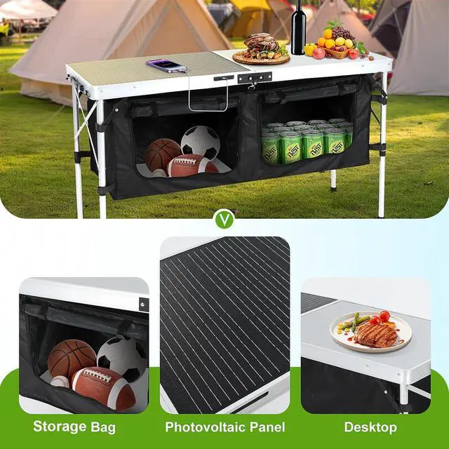 Alt view image 5 of 7 - Camping Table, Storage Camping Table with Solar Panels, Storage Kitchen Tables, Folding Tables, 45W Output, w/USB, Type-C & DC Charging Cable, For Outdoor, Beach, BBQ, Picnic, Cooking, Festival