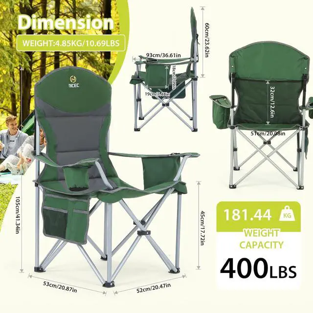 Alt view image 2 of 7 - Camping Chair, Portable Chair, Lawn Chairs, Outdoor Chairs, with Armrest, Cooler Bag, Cup Holder, Side Pocket, for Camping, Traveling, Picnic (Green&Grey 2-Pack)