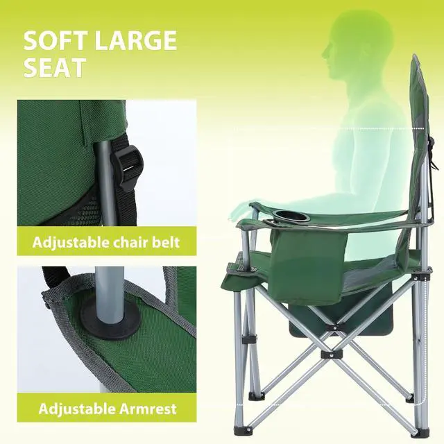 Alt view image 5 of 7 - Camping Chair, Portable Chair, Lawn Chairs, Outdoor Chairs, with Armrest, Cooler Bag, Cup Holder, Side Pocket, for Camping, Traveling, Picnic (Green&Grey 2-Pack)