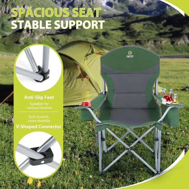 Alt view image 6 of 7 - Camping Chair, Portable Chair, Lawn Chairs, Outdoor Chairs, with Armrest, Cooler Bag, Cup Holder, Side Pocket, for Camping, Traveling, Picnic (Green&Grey 2-Pack)