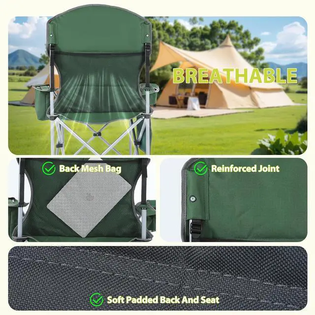 Alt view image 4 of 7 - Camping Chair, Portable Chair, Lawn Chairs, Outdoor Chairs, with Armrest, Cooler Bag, Cup Holder, Side Pocket, for Camping, Traveling, Picnic (Green&Grey 2-Pack)