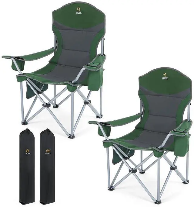 Main image of Camping Chair, Portable Chair, Lawn Chairs, Outdoor Chairs, with Armrest, Cooler Bag, Cup Holder, Side Pocket, for Camping, Traveling, Picnic (Green&Grey 2-Pack)