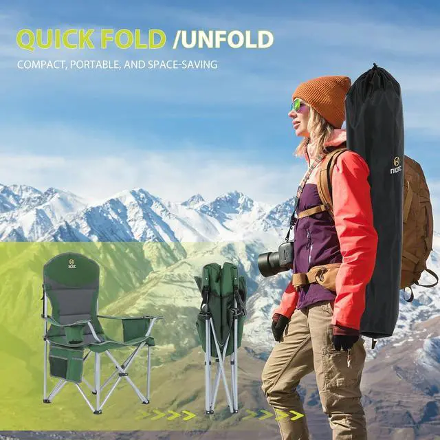 Alt view image 7 of 7 - Camping Chair, Portable Chair, Lawn Chairs, Outdoor Chairs, with Armrest, Cooler Bag, Cup Holder, Side Pocket, for Camping, Traveling, Picnic (Green&Grey 2-Pack)
