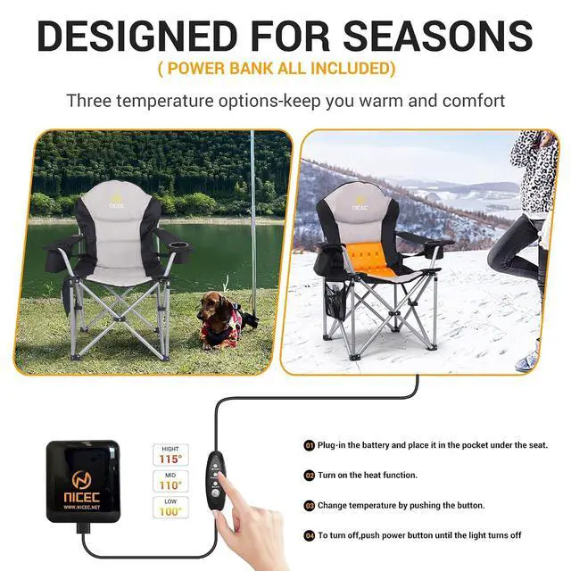 Alt view image 3 of 5 - Heated Camping Chair for Adults, USB Powered Portable Heated Folding Outdoor Beach Chair, with Cooler Bag and Carry Bag, Heavy Duty Camping Chair for Sports, Fishing, Tailgating (1 Pack)