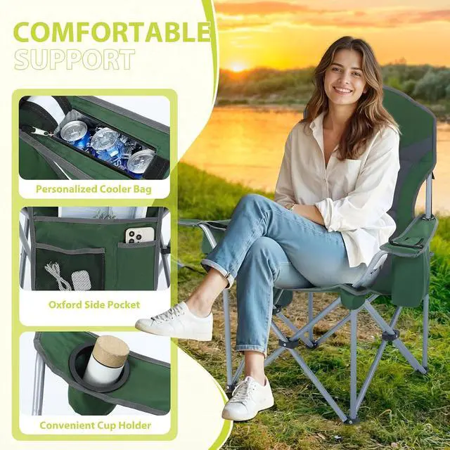 Alt view image 3 of 7 - Camping Chair, Portable Chair, Lawn Chairs, Outdoor Chairs, with Armrest, Cooler Bag, Cup Holder, Side Pocket, for Camping, Traveling, Picnic (Green&Grey 2-Pack)