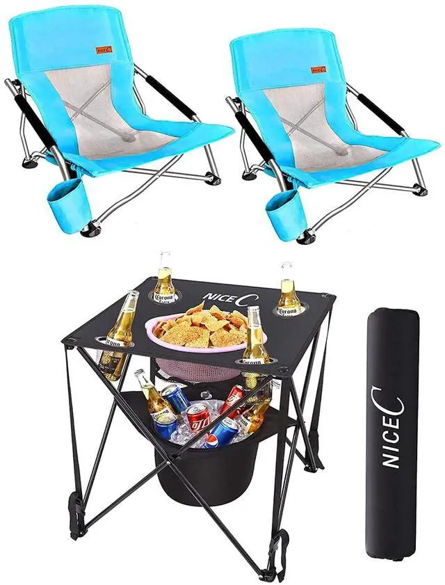 Main image of 2 Pack Blue Beach Chair + 1 Pack Folding Table with Cooler