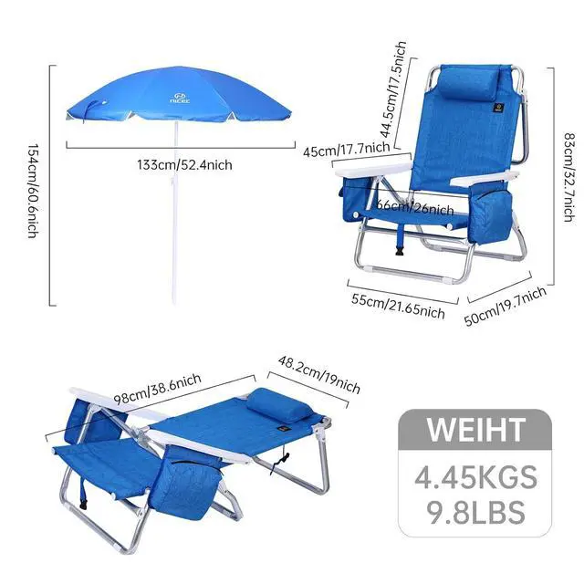 Alt view image 7 of 7 - Backpack Beach Chair with Cooler and Umbrella, Cup Holder + Camping Table with Storage, Lightweight Aluminum