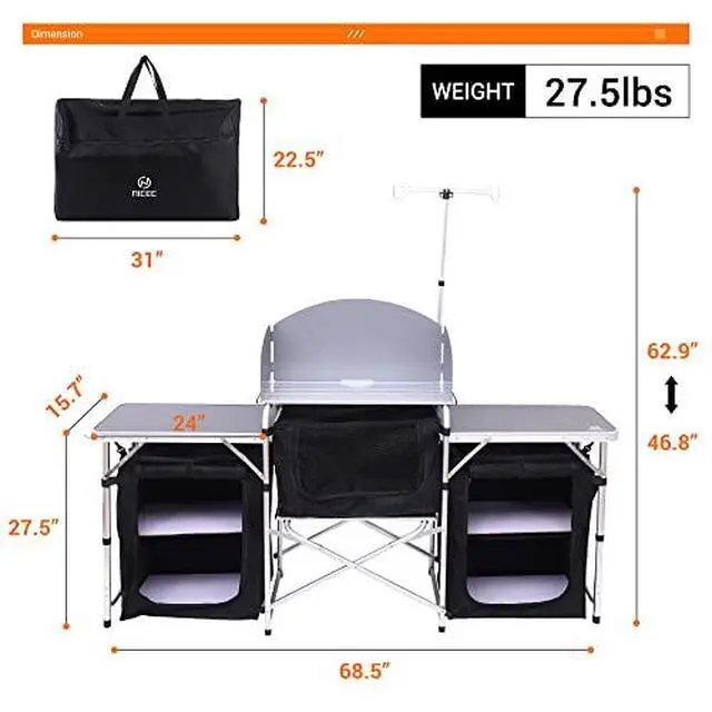 Alt view image 3 of 7 - Camping Kitchen Table, Portable Folding Camp Cook Station, Storage Organizer Camping Kitchen Table, Upgrade Light Stand and 3 Organizers