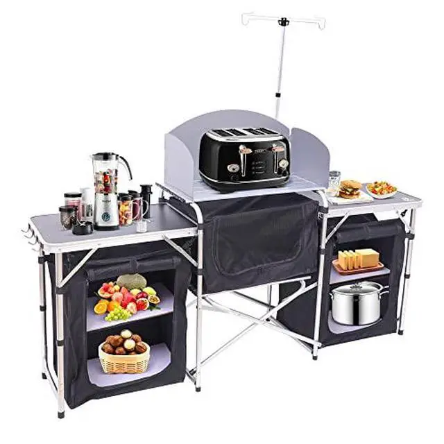 Alt view image 4 of 7 - Camping Kitchen Table, Portable Folding Camp Cook Station, Storage Organizer Camping Kitchen Table, Upgrade Light Stand and 3 Organizers