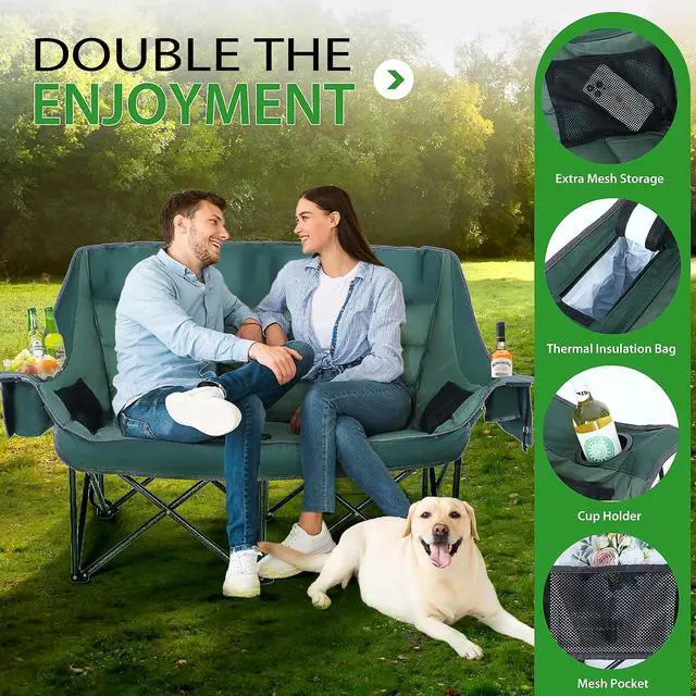 Alt view image 5 of 7 - Heated Double Camping Couch with Cooler Bag, Bottle Opener, Power Bank Double Padded Camping Chair, with Cup Holder, Cooler Bag, Bottle Opener
