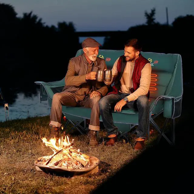 Alt view image 7 of 7 - Heated Double Camping Couch with Cooler Bag, Bottle Opener, Power Bank Double Padded Camping Chair, with Cup Holder, Cooler Bag, Bottle Opener