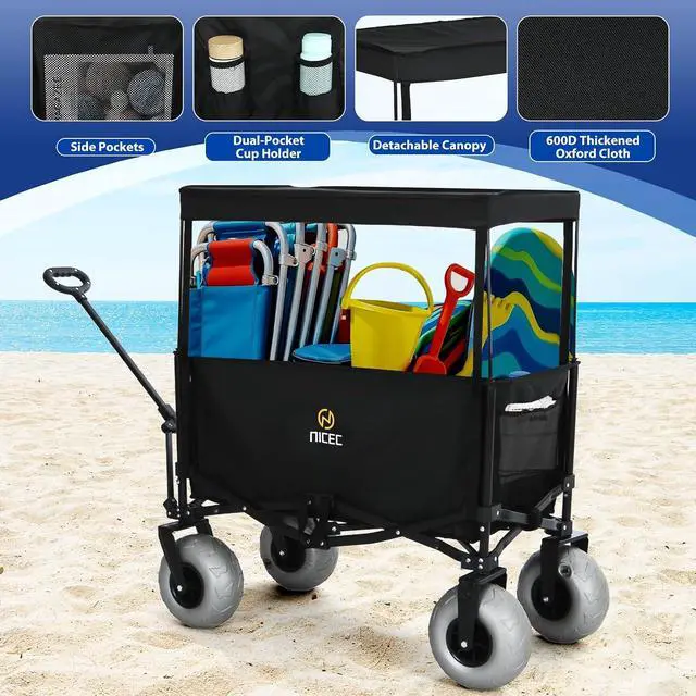 Alt view image 2 of 7 - Beach Wagon with Canopy, Beach Cart with Ballon Wheels for Sand, 9'' Big Sand Wheels, 220 lb Capacity, Adjustable Handle, for Camping, Groceries
