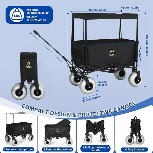 Alt view image 5 of 7 - Beach Wagon with Canopy, Beach Cart with Ballon Wheels for Sand, 9'' Big Sand Wheels, 220 lb Capacity, Adjustable Handle, for Camping, Groceries