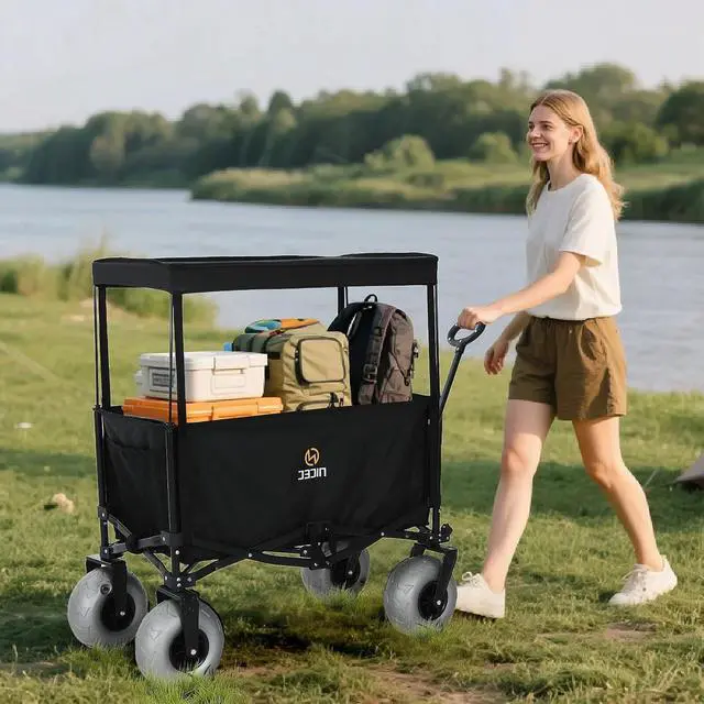 Alt view image 4 of 7 - Beach Wagon with Canopy, Beach Cart with Ballon Wheels for Sand, 9'' Big Sand Wheels, 220 lb Capacity, Adjustable Handle, for Camping, Groceries