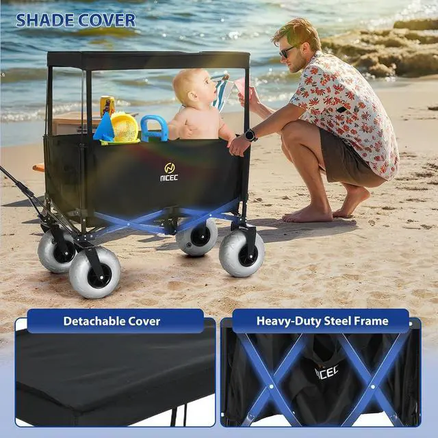 Alt view image 7 of 7 - Beach Wagon with Canopy, Beach Cart with Ballon Wheels for Sand, 9'' Big Sand Wheels, 220 lb Capacity, Adjustable Handle, for Camping, Groceries