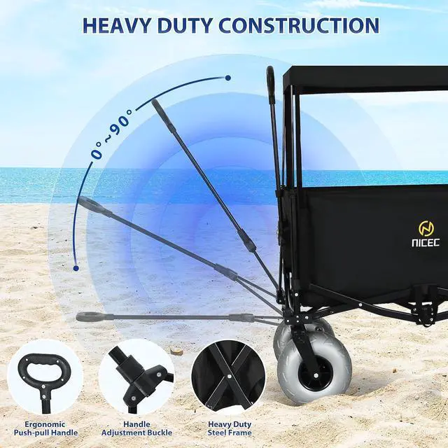 Alt view image 6 of 7 - Beach Wagon with Canopy, Beach Cart with Ballon Wheels for Sand, 9'' Big Sand Wheels, 220 lb Capacity, Adjustable Handle, for Camping, Groceries
