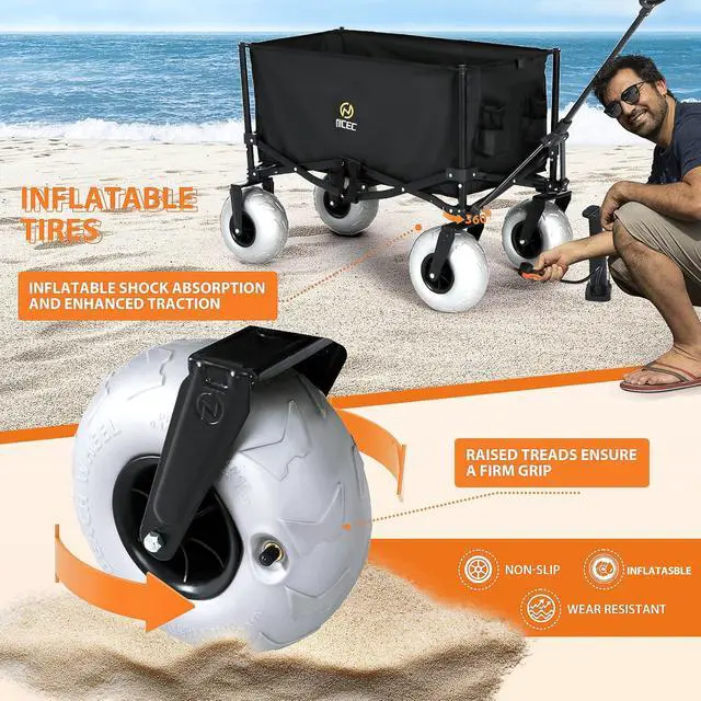 Alt view image 4 of 7 - Beach Wagon, Heavy Duty Folding Utility Cart with 9" Balloon Wheels for Sand, 220 lbs Capacity, Adjustable Handle, Collapsible Beach Cart for Camping, Picnic, Outdoor, Groceries