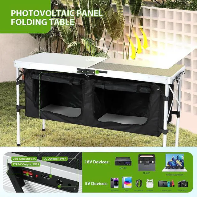 Alt view image 4 of 6 - Aluminum Square Side Table, Adjustable Height Compact Camping Table, Lightweight Collapsible Table with Roll-up Tabletop & Storage Camping Table with Solar Panels