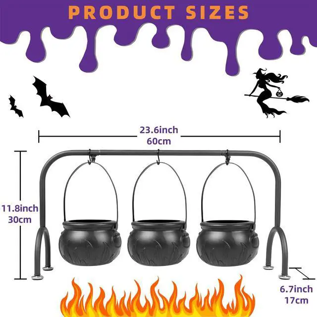 Alt view image 2 of 6 - Easter Decorations Indoor,Set of 3 Witches Cauldron Candy Serving Bowls on Rack, Party Decorations,Black Plastic Candy Cauldron for Table Decor,Easter Candy for Kids