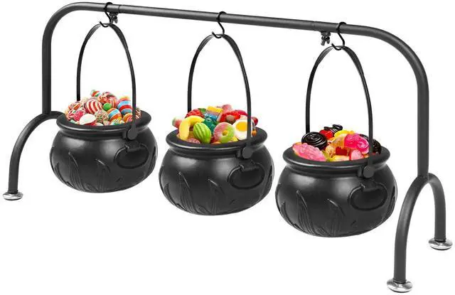 Main image of Easter Decorations Indoor,Set of 3 Witches Cauldron Candy Serving Bowls on Rack, Party Decorations,Black Plastic Candy Cauldron for Table Decor,Easter Candy for Kids